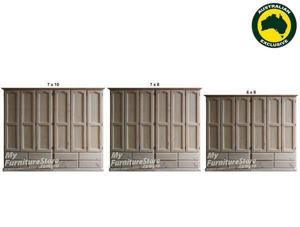 MUDGEE (AUSSIE MADE) 2 PIECE WARDROBE WITH 6 DOORS & 8 DRAWERS COLLECTION - ASSORTED STAINED COLOURS