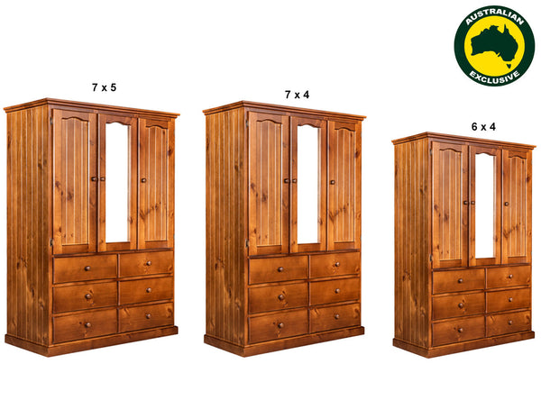MUDGEE (AUSSIE MADE) WARDROBE - ALL HANGING WITH 3 DOORS / 6 DRAWERS MIRRORED WARDROBE COLLECTION - ASSORTED STAINED COLOURS