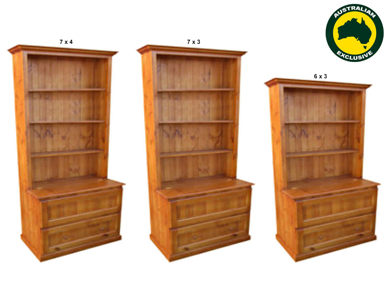 MUDGEE (AUSSIE MADE) BOOKCASE COMBO WITH 2 BLANKET (DEEP) DRAWERS COLLECTION - ASSORTED STAINED COLOURS - STARTING FROM $899