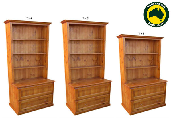 MUDGEE (AUSSIE MADE) BOOKCASE COMBO WITH 2 BLANKET (DEEP) DRAWERS COLLECTION - ASSORTED STAINED COLOURS