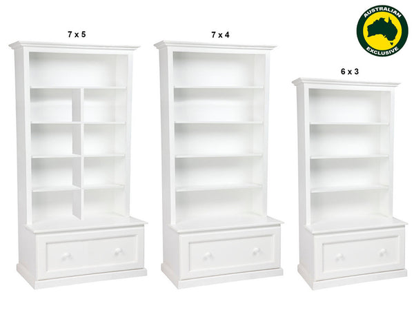 MUDGEE (AUSSIE MADE) HIGHLINE BOOKCASE COMBO + 1 SMOOTH DRAWER & BACK COLLECTION - ASSORTED PAINTED COLOURS