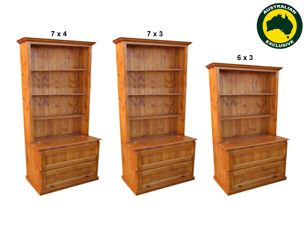MUDGEE (AUSSIE MADE) BOOKCASE COMBO + DRAWER & LID COLLECTION - ASSORTED STAINED COLOURS