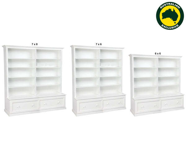 MUDGEE (AUSSIE MADE) BOOKCASE COMBO + 2 DRAWER COLLECTION - (3 SECTIONS)- ASSORTED PAINTED COLOURS
