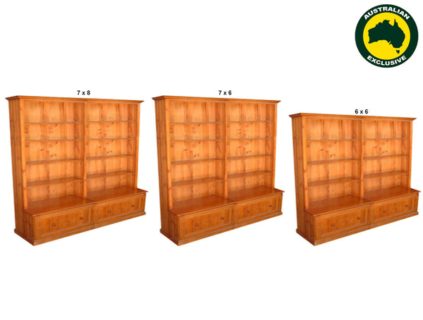 MUDGEE (AUSSIE MADE) BOOKCASE COMBO WITH 2 PULL OUT DRAWER COLLECTION - (3 SECTIONS) - ASSORTED STAINED COLOURS