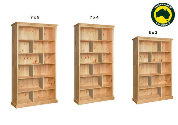 MUDGEE (AUSSIE MADE) STAGGERED HIGHLINE BOOKCASE WITH 40MM FACINGS COLLECTION - ASSORTED STAINED COLOURS