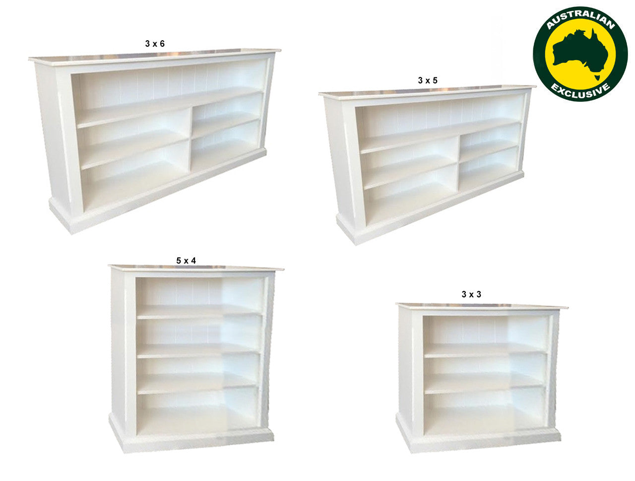 MUDGEE (AUSSIE MADE) LOWLINE WITH 70MM FACINGS BOOKCASE COLLECTION - ASSORTED PAINTED COLOURS - STARTING FROM $549