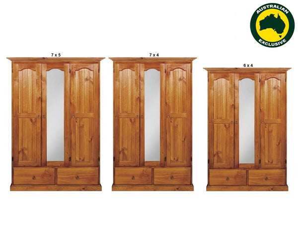 MUDGEE (AUSSIE MADE) 3 DOOR / 2 BLANKET DRAWER MIRROR WARDROBE COLLECTION - ASSORTED STAINED COLOURS