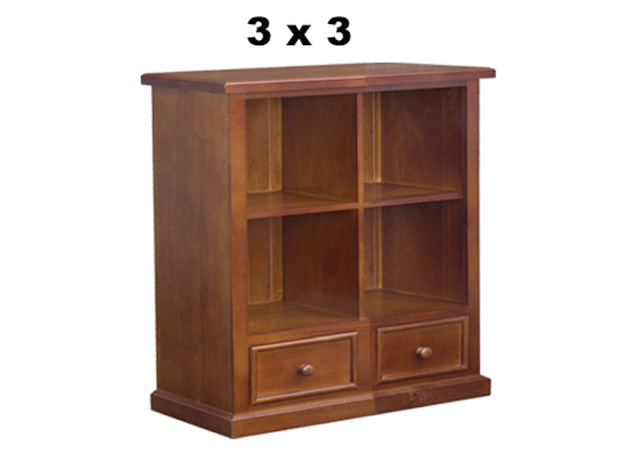 HUON THICK TOP (AUSSIE MADE) CUBE LOWLINE BOOKCASE WITH PICTURE FRAMES DRAWERS COLLECTION - ASSORTED STAINED COLOURS - STARTING FROM $1599