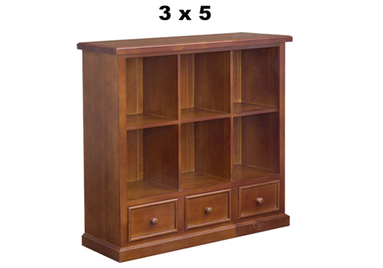HUON THICK TOP (AUSSIE MADE) CUBE LOWLINE BOOKCASE WITH PICTURE FRAMES DRAWERS COLLECTION - ASSORTED STAINED COLOURS - STARTING FROM $1599