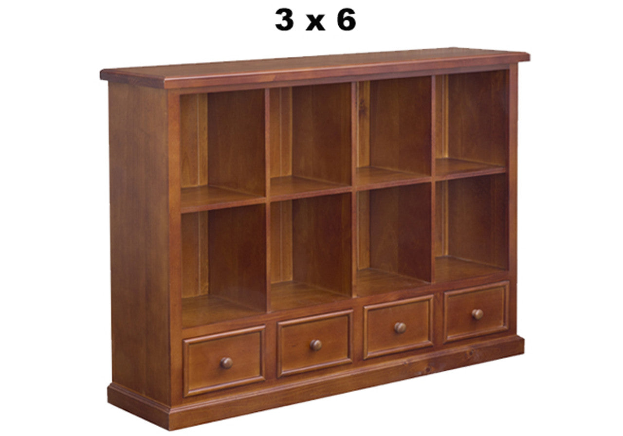 HUON THICK TOP (AUSSIE MADE) CUBE LOWLINE BOOKCASE WITH PICTURE FRAMES DRAWERS COLLECTION - ASSORTED STAINED COLOURS - STARTING FROM $1599