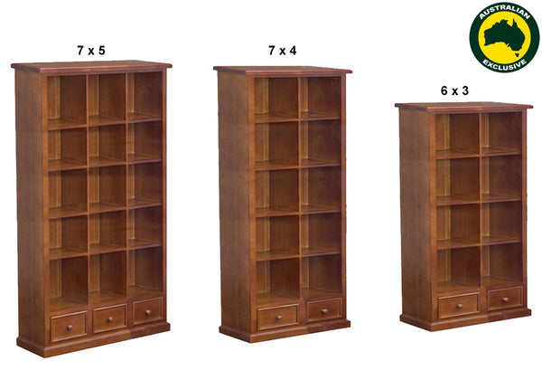 MUDGEE (AUSSIE MADE) CUBE HIGHLINE BOOKCASE WITH PICTURE FRAMED DRAWERS COLLECTION - ASSORTED STAINED COLOURS