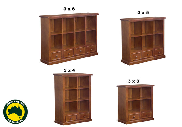 HUON THICK TOP (AUSSIE MADE) CUBE LOWLINE BOOKCASE WITH PICTURE FRAMES DRAWERS COLLECTION - ASSORTED STAINED COLOURS