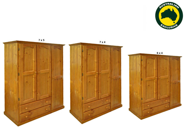 MUDGEE (AUSSIE MADE) UTILITY WARDROBE WITH 3 DOORS & 2 DRAWERS COLLECTION - ASSORTED STAINED COLOURS