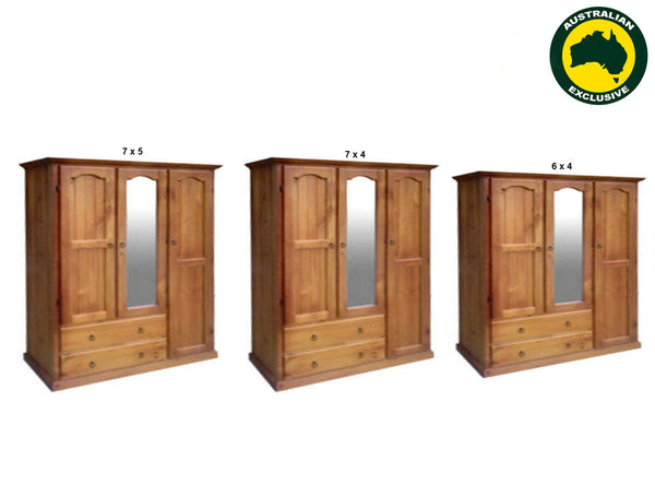 MUDGEE (AUSSIE MADE) UTILITY COMBO (LHS OR RHS) WARDROBE WITH MIRROR IN THE MIDDLE COLLECTION - ASSORTED STAINED COLOURS