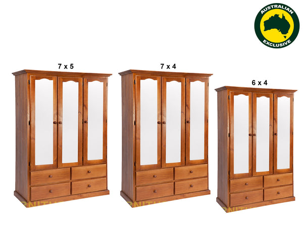 MUDGEE (AUSSIE MADE) WARDROBE WITH 3 MIRRORED DOORS / 4 DRAWERS WARDROBE COLLECTION - ASSORTED STAINED COLOURS
