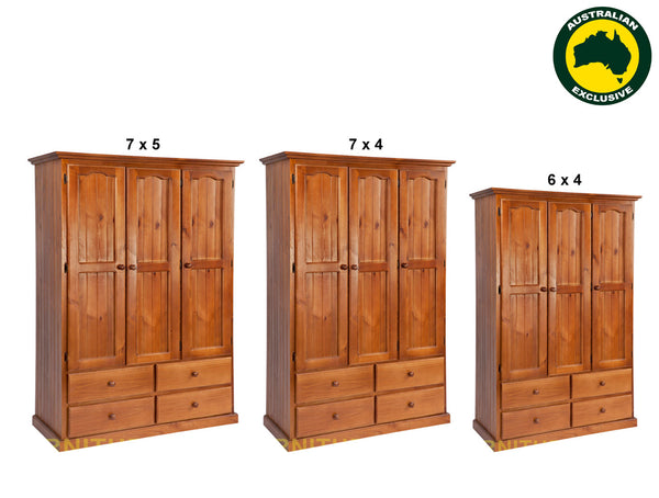 MUDGEE (AUSSIE MADE) WARDROBE WITH 3 DOORS / 4 DRAWERS WARDROBE COLLECTION - ASSORTED STAINED COLOURS