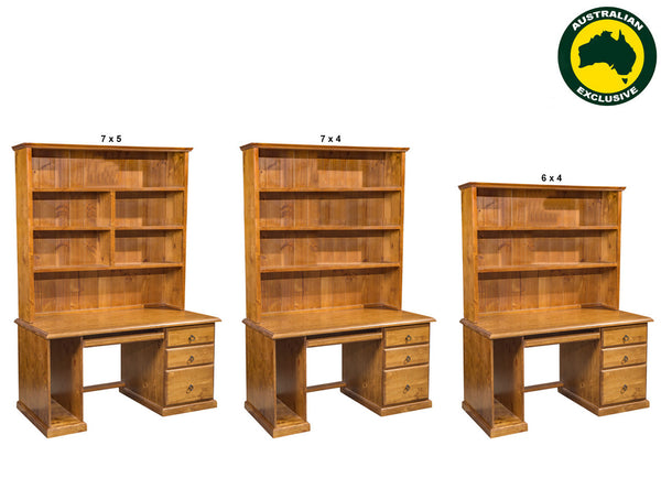 NOOSA (AUSSIE MADE) 3 DRAWER TIMBER DESK & HUTCH COLLECTION - ASSORTED STAINED COLOURS