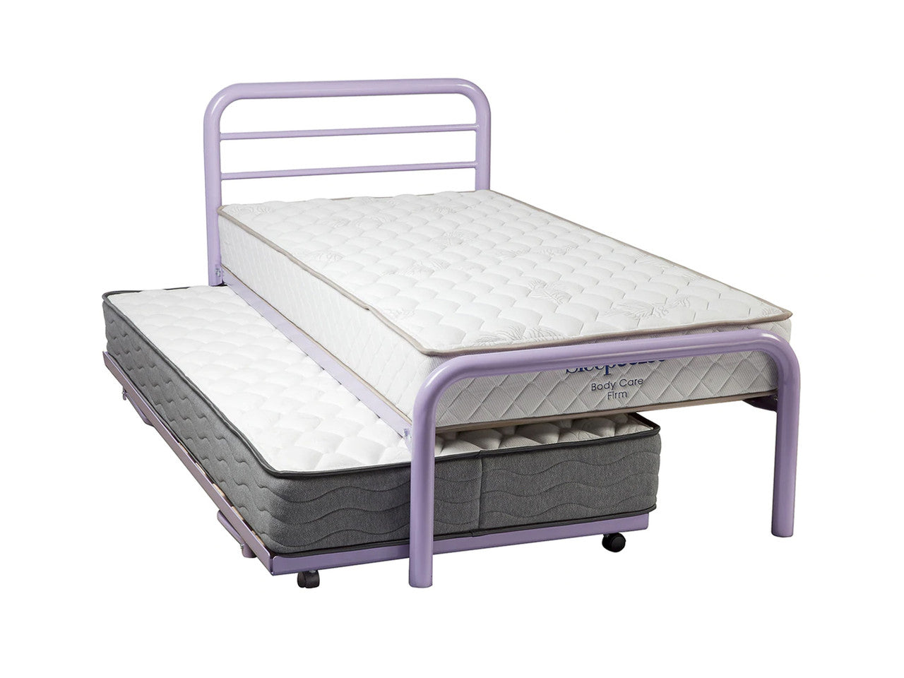 KING SINGLE (AUSSIE MADE) BUDGET 2 RAIL BED WITH KING SINGLE UNDER BED POP UP TRUNDLE- ASSORTED COLOURS