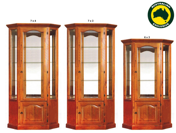 NEW YORK (AUSSIE MADE) CRYSTAL CORNER DISPLAY CABINET WITH MIRRORED BACK COLLECTION - ASSORTED STAINED COLOURS