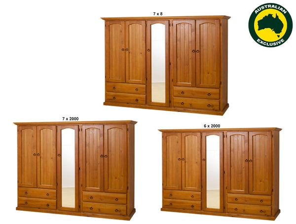 NIMERA (LOCAL MAKE) 3 PIECE WARDROBE WITH 5 DOORS & 4 DRAWERS WITH SHELVES BEHIND MIRROR COLLECTION - ASSORTED STAINED COLOURS