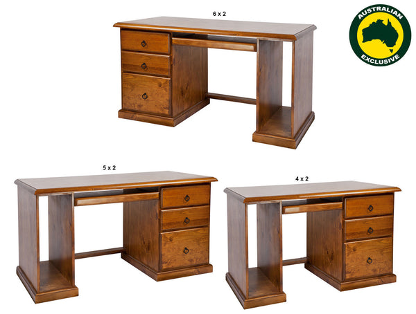 NOOSA (AUSSIE MADE) 3 DRAWER DESK WITH TOWER (REVERSIBLE) & KEYBOARD SLIDE COLLECTION - ASSORTED STAINED COLOURS
