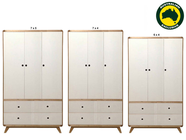 NORIC (AUSSIE MADE) 3 DOOR / 4 DRAWER WARDROBE COLLECTION - TASMANIAN OAK COMBINATION -ASSORTED PAINTED COLOURS