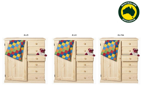 NURSERY (AUSSIE MADE) 1 DOOR / 6 DRAWER WARDROBE COLLECTION - ASSORTED STAINED COLOURS