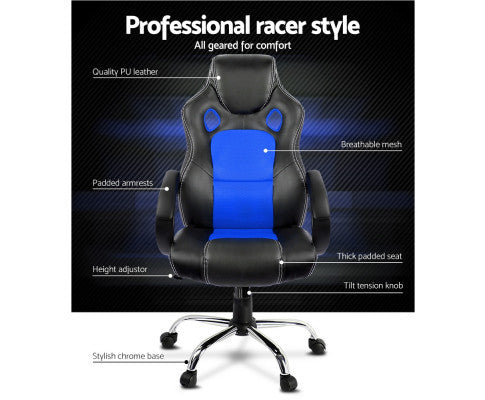 OTSANA PU LEATHER RACING STYLE OFFICE CHAIR - BLACK & BLUE