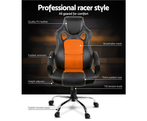 OTSANA PU LEATHER RACING STYLE OFFICE CHAIR - BLACK & ORANGE