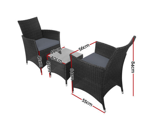 MALLORY 3 PIECE OUTDOOR WICKER LOUNGE SETTING - BLACK