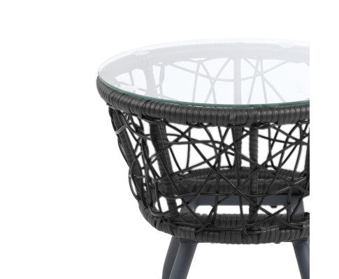 HERBERT 3 PIECE OUTDOOR ROUND RATTAN LOUNGE SETTING - BLACK