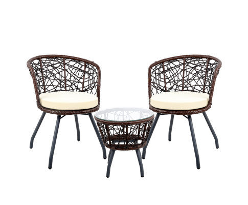 HERBERT 3 PIECE OUTDOOR ROUND RATTAN LOUNGE SETTING - BROWN