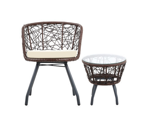 HERBERT 3 PIECE OUTDOOR ROUND RATTAN LOUNGE SETTING - BROWN