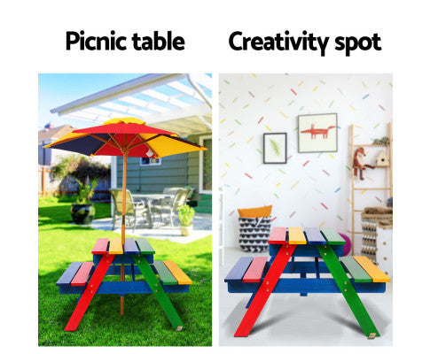 CAROLINE INDOOR/OUTDOOR KIDS WOODEN PICNIC SET WITH UMBRELLA - AS PICTURED