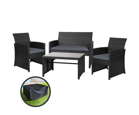 NORMA 4 PIECE OUTDOOR RATTAN LOUNGE SETTING WITH STORAGE COVER - BLACK