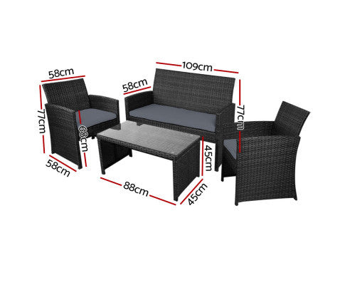 NORMA 4 PIECE OUTDOOR RATTAN LOUNGE SETTING WITH STORAGE COVER - BLACK