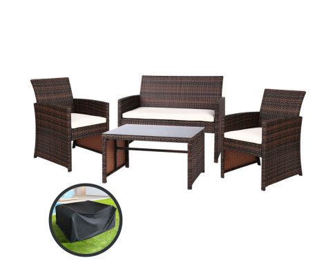 NORMA 4 PIECE OUTDOOR RATTAN LOUNGE SETTING WITH STORAGE COVER - BROWN