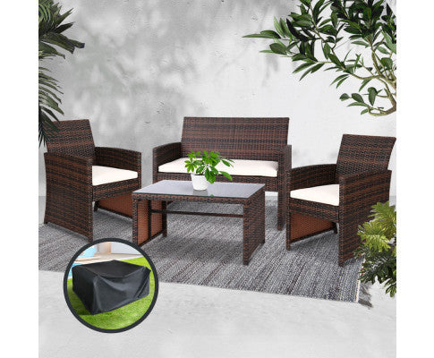NORMA 4 PIECE OUTDOOR RATTAN LOUNGE SETTING WITH STORAGE COVER - BROWN