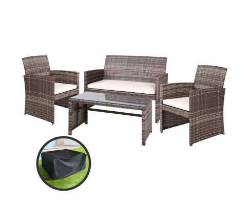 NORMA 4 PIECE OUTDOOR RATTAN LOUNGE SETTING WITH STORAGE COVER - GREY