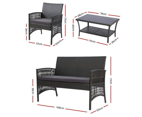 PRESLEY OUTDOOR 4 PIECE WICKER LOUNGE SETTING - DARK GREY