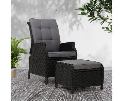 ALMIRA OUTDOOR RECLINER SUN LOUNGE CHAIR WITH OTTOMAN - BLACK