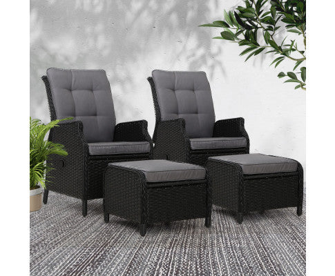 ALMIRA (SET OF 2) OUTDOOR RECLINER SUN LOUNGE CHAIR WITH OTTOMAN - BLACK