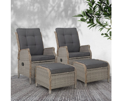 ALMIRA (SET OF 2) OUTDOOR RECLINER SUN LOUNGE CHAIR WITH OTTOMAN - GREY