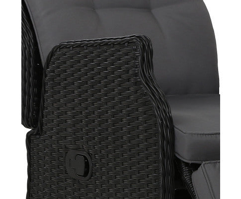 ALMIRA (SET OF 2) OUTDOOR RECLINER SUN LOUNGE CHAIR WITH SIDE TABLE - BLACK