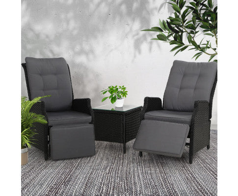 ALMIRA (SET OF 2) OUTDOOR RECLINER SUN LOUNGE CHAIR WITH SIDE TABLE - BLACK