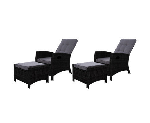 VALTINA (SET OF 2) OUTDOOR RECLINER LOUNGE CHAIR WITH OTTOMAN - BLACK