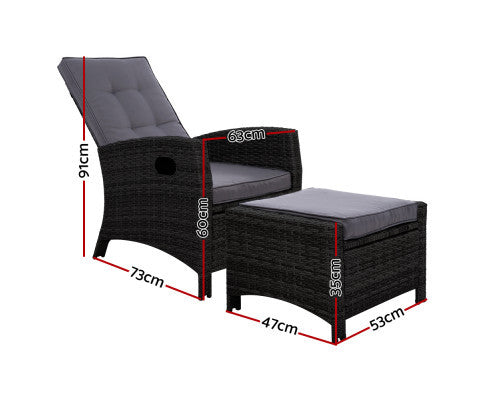 VALTINA (SET OF 2) OUTDOOR RECLINER LOUNGE CHAIR WITH OTTOMAN - BLACK
