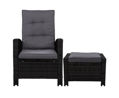 VALTINA (SET OF 2) OUTDOOR RECLINER LOUNGE CHAIR WITH OTTOMAN - BLACK