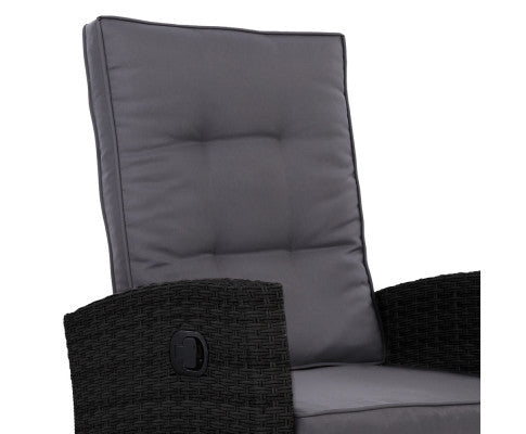 VALTINA (SET OF 2) OUTDOOR RECLINER LOUNGE CHAIR WITH OTTOMAN - BLACK