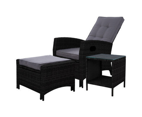 VALTINA OUTDOOR RECLINER CHAIR WITH OTTOMAN AND TABLE LOUNGE SET- BLACK